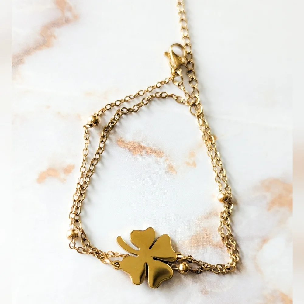 Gold Four Leaf Clover Double Layer Bracelet Dainty Lucky Charm Jewelry